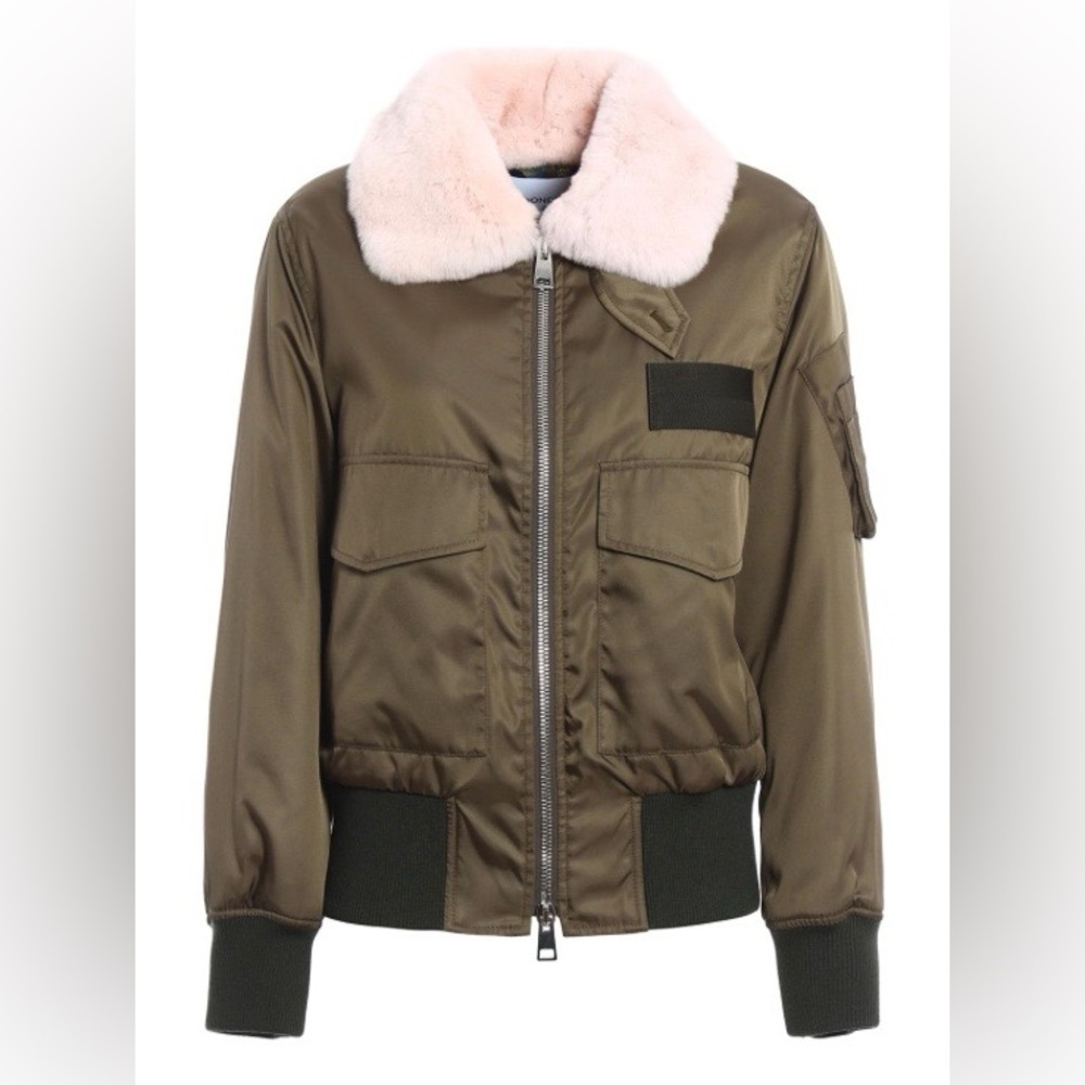 Dondup olive green Karenne bomber jacket with pink fur collar NWT size SMALL!